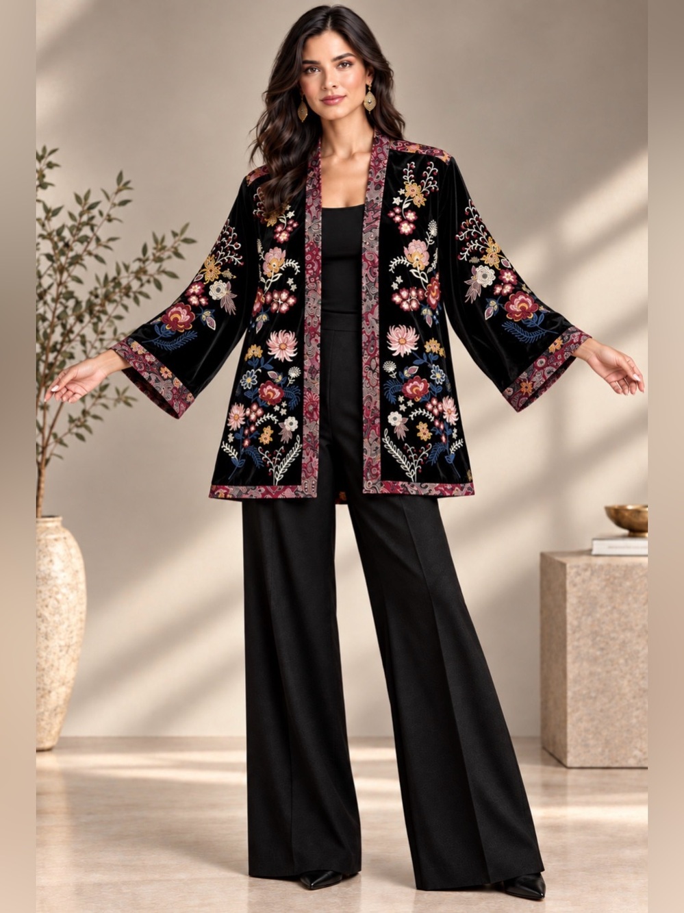 John Mark crush velvet/embroidery kimono duster